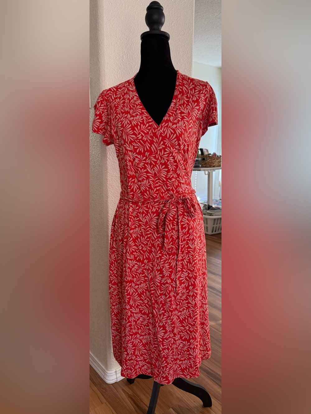 Boden Summer Wrap Stretch Dress Red/Orange Olive Branch Print